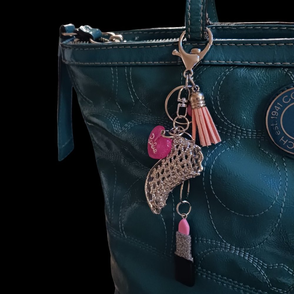 Barbie Glitter Heart Silver Stiletto Key Ring Purse Charm